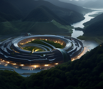Midjourney generated image of a closed-loop pumped hydro storage facility in beautiful hills in China
