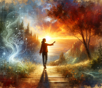 A woman stands outdoors at dawn. She is in the process of reaching out towards a mysterious, intangible form, representing the journey towards relevance amidst the evolving AI-driven environment. This scene aims to encapsulate the endeavour to grasp new interpretations of relevance in a landscape increasingly influenced by AI, evoking a sense of discovery and intellectual challenge.