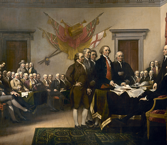 Painting called “Declaration of Independence” of an 18th century scene. Five white men stand in a fancy hall to present a seated man with a paper. Two rows of mostly seated men look on.