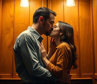 Image shows a man and woman kissing in an old-fashioned, wood-panelled lift.