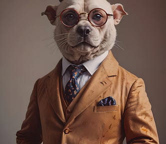 An aristocratic picture of a dog wearing a suit and top hat, complete with fancy round eye glasses.