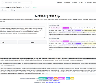 NER App de Pierre Guillou para comparar os modelos NER BERT base e large treinados no dataset jurídico brasileiro LeNER-Br