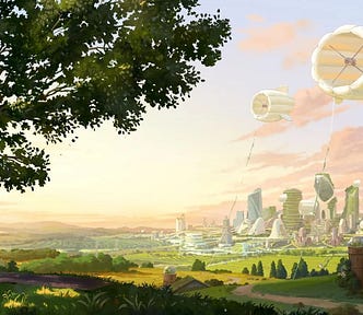 A solarpunk green landscape with a futuristic city on the horizon, from the video “Dear Alice”