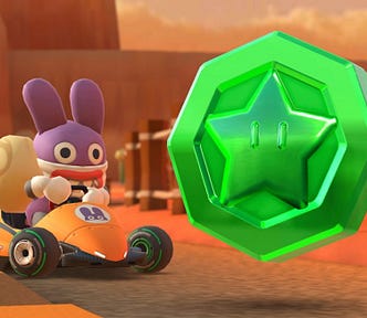 Nabbit driving toward an event token in Mario Kart Tour.