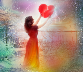 A girl in a red dress is reaching out to heal a broken red heart.