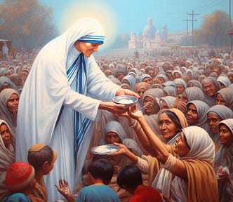 Saint Teresa of Calcutta feeding a crowd of hungry people