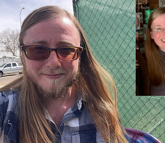 There are two pictures of the author that are unrecognizably different. On the left is a picture of the author with long brown hair, a beard, masculine features, sunglasses, and a long, angular face. He has a slight, confident smile. On the right is a picture of the author with a round, feminine face, a big toothy smile, glasses, and a necklace with a rainbow tree.