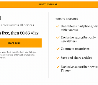 A subscription which shows the subscription fee for digital newspapers. It shows whats included, then the price that it is framed as £0.86p per day