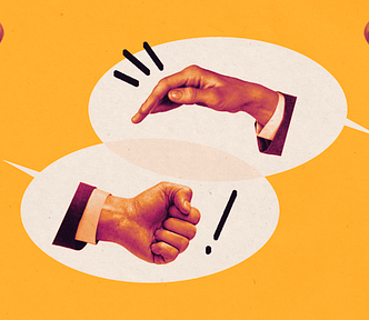 Two individuals face each other yelling; their speech bubbles depicting a match of rock, paper, scissors.