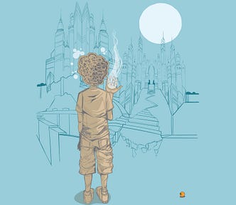 This image is the first in a series of original illustrations by Asaan “Swamburger” Brooks. A Black kid with an afro shows his back to viewers. He faces a majestic metropolis,  winding walkways, and crumbling sidewalks. A bold pale blue moon hangs over skyscrapers. The kid holds up his right hand which emanates a pale blue flame. Smoke crowns his head. An orange rolls away from him. The apple doesn’t fall too far from the tree.