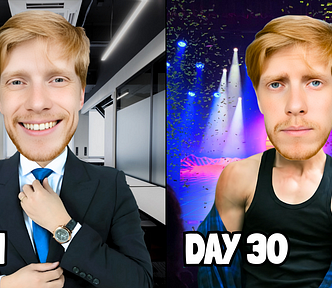 Mr. Beast lookalike thumbnail. Left image is man in a suit and tie with “DAY 1” in written beneath. Right image is man in tank top t-shirt and open button up with “Day 30” written beneath.