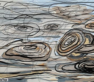 Abstract painting of swirling concentric forms resembling tree rings or ripples on water, drawn in earthy tones of gray, beige, rust, and black on a blue-gray background. Loose graphite-like lines overlay the image, adding a sense of movement or emotional turbulence. The composition feels layered, restless, and quietly introspective.