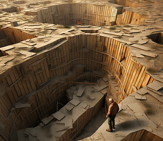 A man looking down at a big pit, with tons of pits in the distance. The route forward involves going around these huge pits constantly