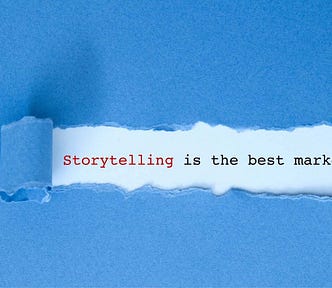 A blue torn paper that reveals: “Storytelling is the best marketing.”