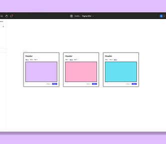 Figma canvas showing three cards with a purple, pink, and teal center and the background color is the same purple