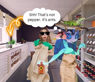 Lizzie Lizard Brain and her daughter in the kitchen looking at spices. The daughter is wearing very dark glasses and both women wear potato sack dresses. Salt and pepper are on the counter. A thought bubble above Lizzie’s head says, “Shh! That’s not pepper. It’s ants.”
