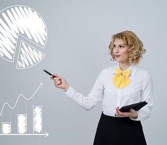 Woman, blonde hair, white shirt and black skirt, she holds a pen and iPad and gestures towards analytics behind her