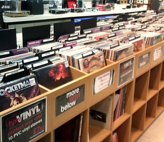Image of Long Playing records (LP’s) in a row of record racks in a popular High Street music store