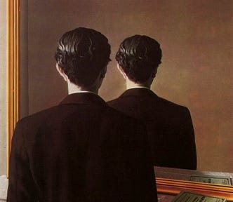 A man stands facing a mirror, but his reflection shows only the back of his head; an uncanny contradiction that challenges the logic of self-perception. Like Magritte’s painting, static reflection in programming reveals structure, but only through the controlled lens of the language itself, precise, constrained, and never fully symmetrical.
