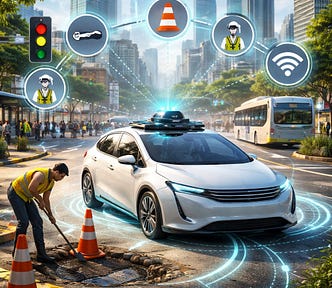 IMAGE: A white autonomous car navigating a modern city street while detecting a pothole being repaired, surrounded by visual indicators of sensors, connectivity, and urban infrastructure