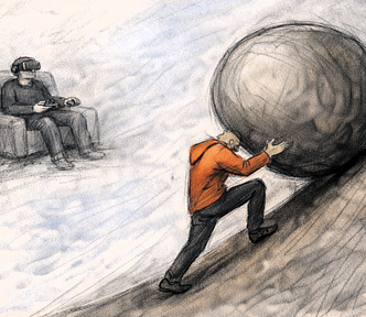 Illustration of “friction maxxing” depicts a man pushing a large boulder uphill, symbolizing effort and resilience, juxtaposed with another man comfortably seated in a chair, wearing a VR headset, representing frictionless digital escapism.