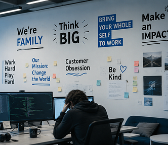 A modern open-plan tech office with a large wall covered in startup-style culture slogans such as “We’re Family,” “Bring Your Whole Self to Work,” and “Work Hard Play Hard.” In front of the wall, a lone developer sits at a desk with multiple monitors, creating a contrast between corporate culture messaging and the isolated reality of daily technical work.