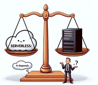 A cloud with the text “serverless” and a server on a scale with equal weight. A man holds out his arms with a question mark near him. There is a speech bubble saying “It depends” coming from the scale.