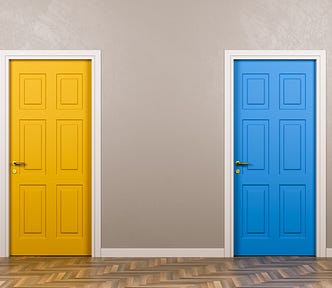 Two different doors (options). One is yellow and one is blue.