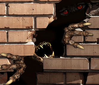 a monster with long claws and big teeth breaks through a brick wall. Red eyes are seen in the distance.