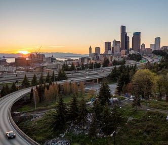 The city of Seattle at sunset.