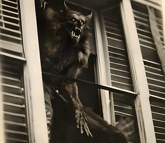 A werewolf snarling and angry crashes through a window.