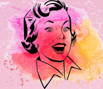 cartoon sketch of a woman appearing surprised. many people would perceive her as white. she has curly or wavy hair, cut short. she has plucked eyebrows, a tiny nose, and is wearing earrings.