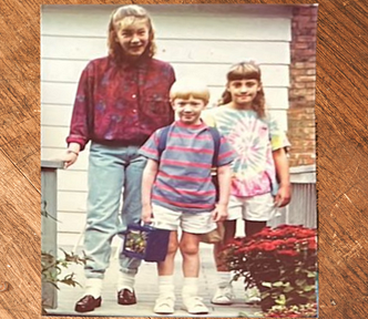 The author and her siblings pictured on the first day of school, the author entering the third grade