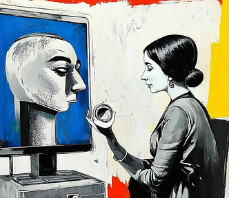 an artistic representation of a woman talking to a machine