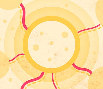 Abstract diagram showing a glowing central nucleus with arrows flowing in and out, symbolising decentralised innovation and dynamic systems