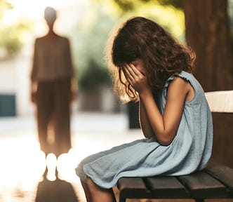 Young girl sitting on a bench hiding her face in her hands. In the background a silhouette of an adult woman.