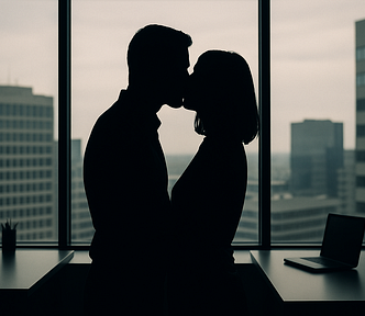 Image shows the silhouettes of a man and a woman kissing in an office.