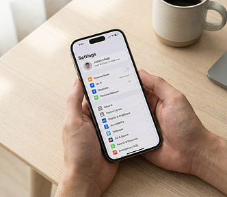 A person holding an iPhone, looking at the main Settings menu to audit privacy and battery configurations