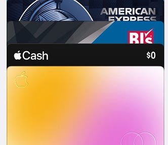 The image appears to show a collection of digital representations of three different cards. At the top is a debit card from Eastern Bank featuring the American Express logo. Below that is a card labeled with the Apple Cash brand and a balance of $0. The last card is a gradient-colored card with the Mastercard logo. These cards are typically found within a digital wallet application, which allows users to make electronic transactions without the physical cards.