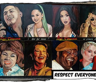A photo of a street painting that offers portraits of a diverse group of people. The caption at the bottom reads, “Respect Everyone.”
