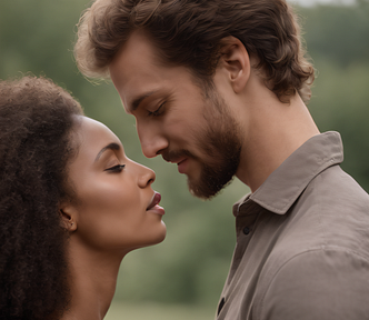 A Black woman and a white man stare into each others eyes.