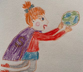 a sketch of a girl holding a ball in a form of a globe