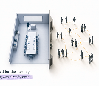 A split composition showing two halves of the same building, spread across a wide horizontal canvas. Left half: a formal presentation space. Clean lectern or presenting surface, an empty conference table, organized materials, everything arranged and waiting. One small figure silhouette stands at the front, prepared. The space is orderly and still. Right half: the backstage or corridor outside. Several silhouette figures in informal clusters, mid-conversation.