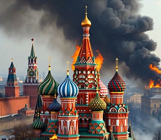image of st basil’s cathedral burning as suggestions of civil war in Russia start to circulate