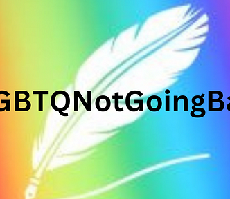 Prism & Pen logo with a white quill on a rainbow background. Hashtag #LGBTQNotGoingBack