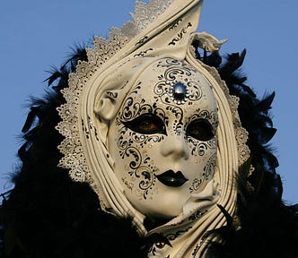 A decorative white mask on a person’s face who has black curly hair, Pete Ross, Medium