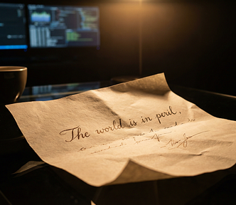 Close-up of crumpled resignation letter reading “The world is in peril” on glass desk