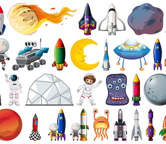 various spaceships, rockets, moon, little creatures