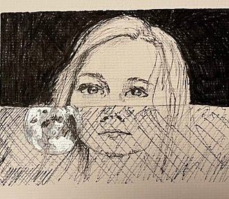 A child of an alcoholic watches the moon through a car window, ink drawing by the author.