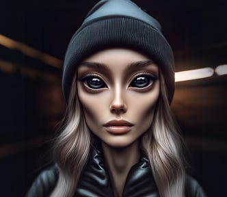 close up of alien looking woman in toque